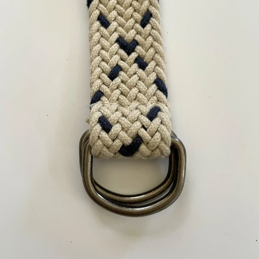 Woven Braided Rope Belt Cream Navy D-Ring Buckle Nautical Preppy Academia